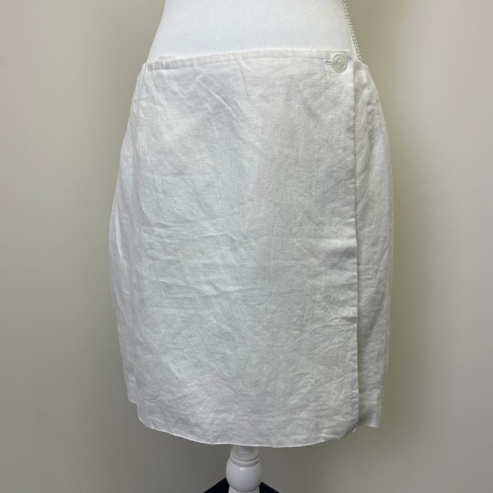 Vintage Smooth Studio White 100% Linen Wrap Mini Skirt Size 12P Resortwear